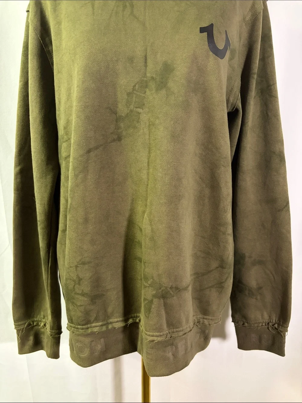 True Religion Camo Green Tie Die Debossed Rib Pullover Crewneck Sweatshirt